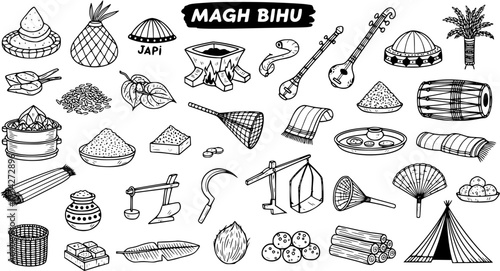Magh Bihu Hand Drawn Icons: Traditional Assam Festival Elements