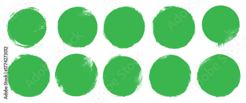 Green brush circles. Round stamp vector on transparent background. Painted green brush circle vector. For grunge badge, seal, ink and stamp design template. Round grunge hand drawn circle shape eco