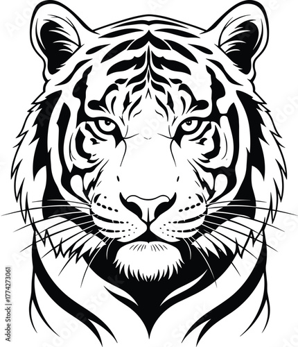 Elegant tiger head vector illustration, black and white wildlife animal design, powerful jungle predator artwork, fierce feline face suitable for tattoo and logo inspiration