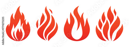 Simple vector flame icons in flat style. Vector bright burn flame icon set isolated on white background. Hot fire flat clipart sings collection. Burning fireball signs. Set of red gradient fire flame.