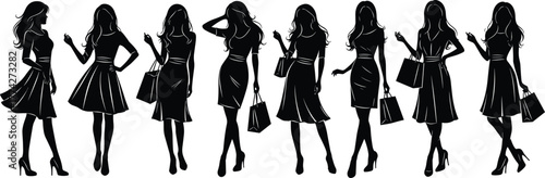 Elegant women silhouettes, fashion female figures, stylish shopping ladies vector collection, modern dress poses with handbags, glamour illustration set for design projects