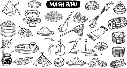Magh Bihu Assamese Festival Traditional Elements Collection - Cultural Objects, Food, Instruments, and Tools Hand Drawn Sketch Set