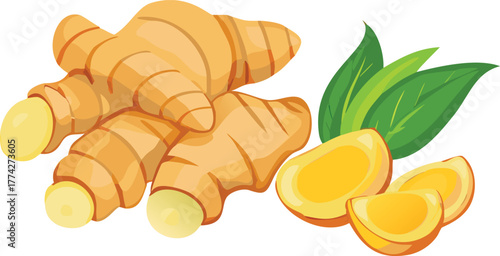 Fresh ginger root with sliced pieces and green leaves displayed beautifully