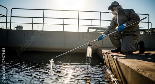Sterile Water Sampling at Outlet Urban Water Body Field Research Industrial Environment Close-Up View