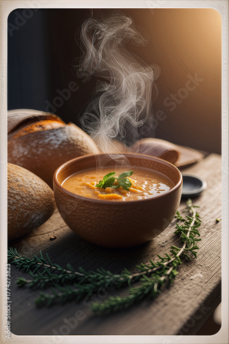 Hot Steaming Bowl of Creamy Soup with Fresh Herbs