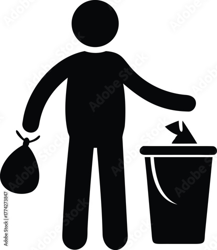Stick figure disposing of trash into a waste bin icon illustration