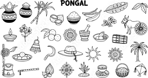 Traditional Pongal Harvest Festival Elements Line Art Icons Set. Black and White Outline Sketch Doodle.