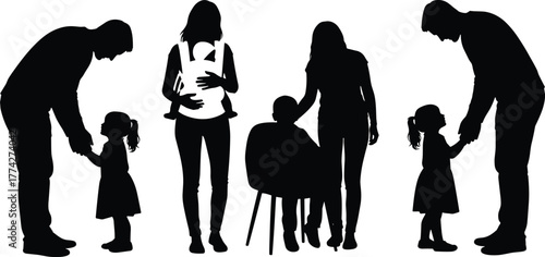 Family silhouettes with parents and children, father holding hands, mother with baby carrier, family love, parenting concept, isolated black vector illustration