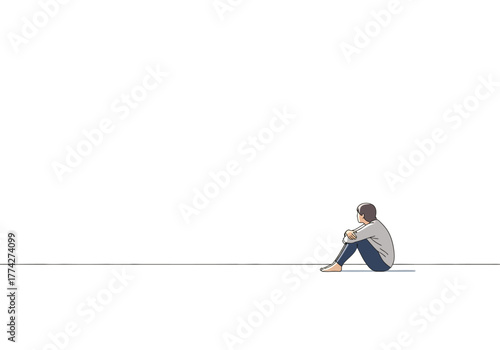 Solitary Figure Sitting on the Ground in Minimalist Style.
