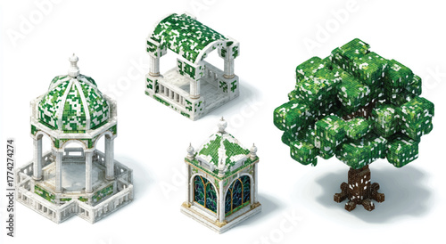 Isometric pixel art collection featuring ornate structures and a leafy tree