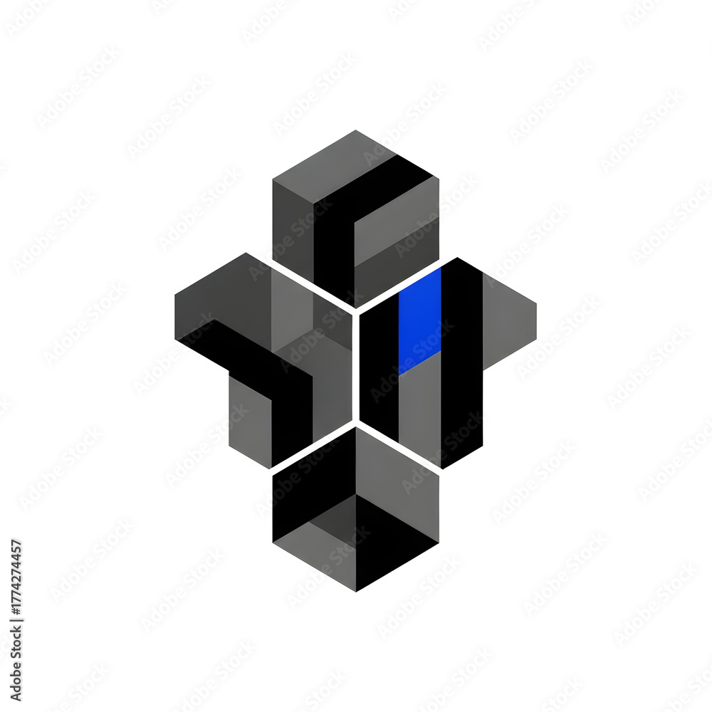 Obraz premium Geometric isometric cube cluster floats on white background; black-gray faces frame blue! highlight!