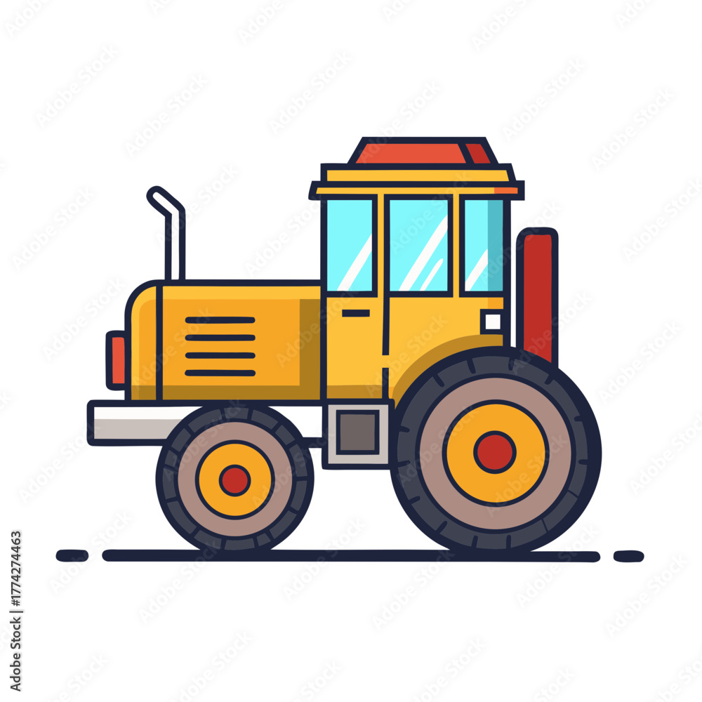 Fototapeta premium Stylized illustration of a yellow farm tractor with red accents on a white background