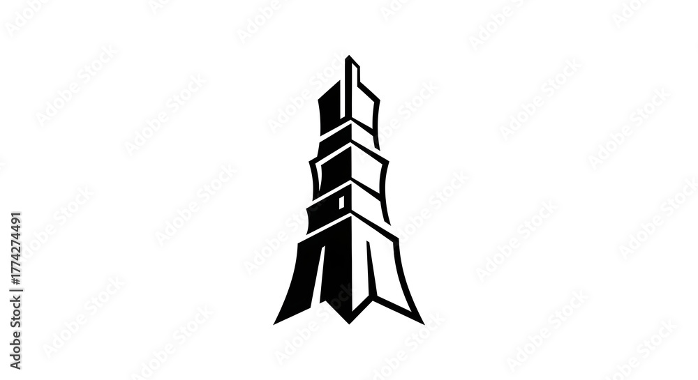 Fototapeta premium Monolithic black tower with stepped, angular tiers, and a sharp pointed apex on white. against white