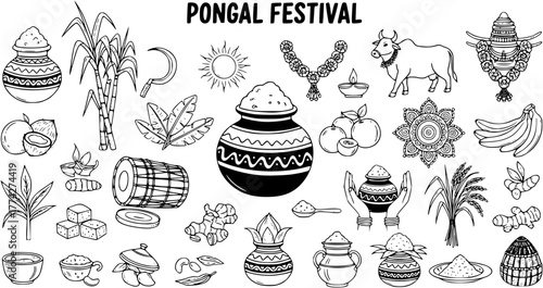 Hand-drawn Pongal Festival Elements: Traditional Harvest Celebration Icons, including Sugarcane, Pots, Cow, Sun, Fruits, Rice, and Auspicious Symbols in Doodle Style.