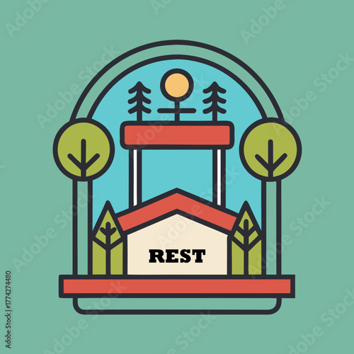 Stylized illustration of a rest stop with trees and a sun under an arch