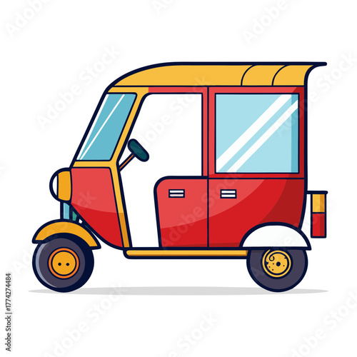 Colorful cartoon auto rickshaw illustration with red body and yellow roof