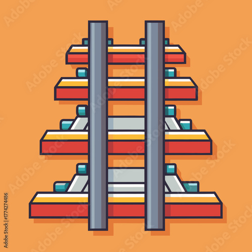 Stylized illustration of roller coaster tracks with red yellow and blue elements on orange background