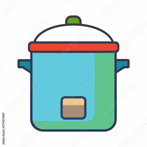 Colorful cartoon illustration of a modern electric rice cooker with a white lid and green knob