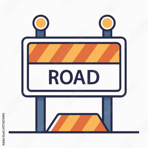 Illustration of a road closed barrier with warning lights and the word road