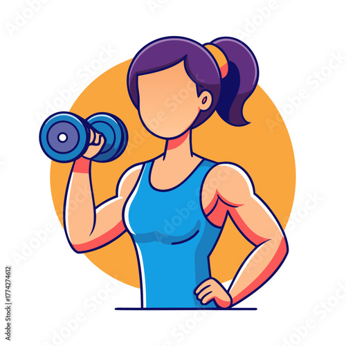 Fit woman with purple ponytail performing bicep curls with dumbbells