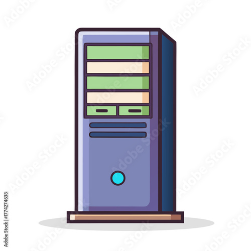 Stylized illustration of a modern purple computer tower with green and beige drive bays