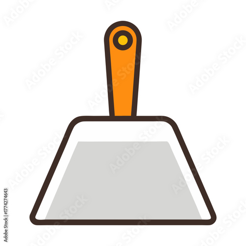 Simple flat design icon of a dustpan with an orange handle on a transparent background