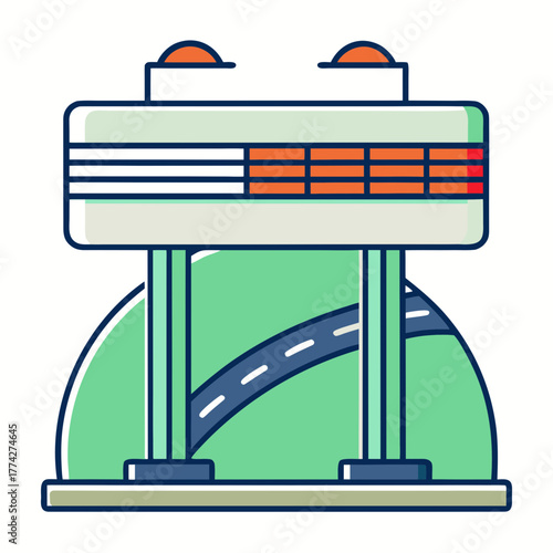 Modern roadside information sign displaying traffic data and directions above a scenic highway curve