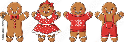 Gingerbread character illustration, festive cookie design, holiday decoration, Christmas theme, cute outfits, icing detail, seasonal vector art set