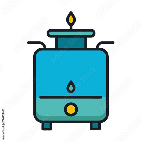 Stylized flat icon of a modern blue humidifier emitting a gentle mist and flame