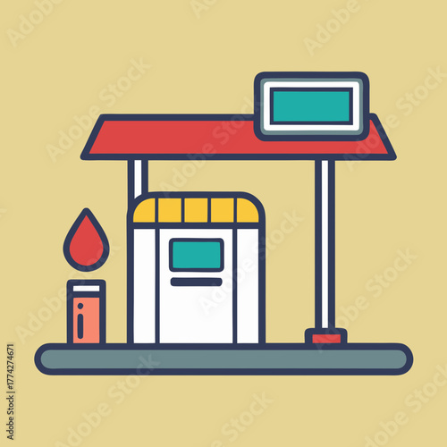 Stylized illustration of a modern gas station with a fuel pump and sign