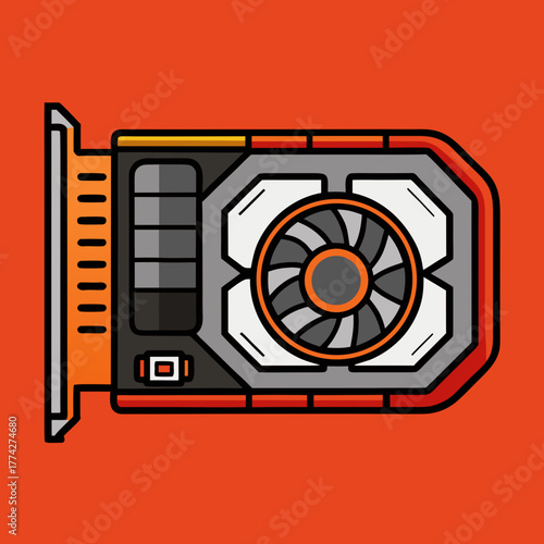 Stylized illustration of a modern computer graphics card with a cooling fan