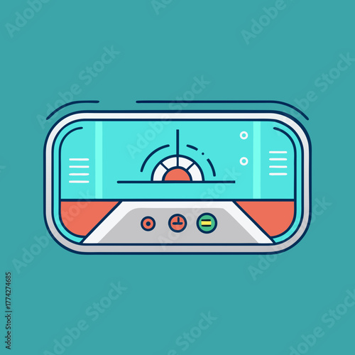Retro futuristic dashboard gauge with colorful indicators and clean lines on teal background