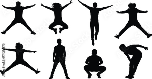 Human silhouette poses, dynamic body movement, black figure illustration, standing, jumping, squatting, bending, gesture reference, fitness, animation, motion study