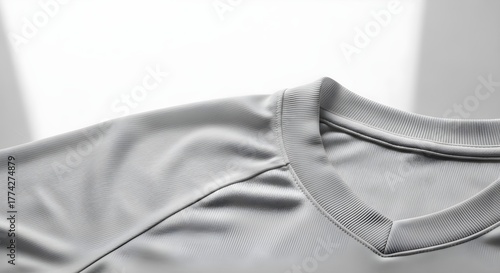 Wallpaper Mural Close-up of smooth gray athletic fabric at a crew neck, soft lighting, subtle seams, gentle texture, and shine glow Torontodigital.ca