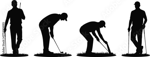 Golf player silhouettes on grass, men playing and preparing golf shots, vector illustration for sport design, professional golfer posture, outdoor activity concept