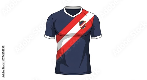 Wallpaper Mural Dark navy soccer jersey with bold diagonal red-and-white sash, white-trim sleeves, V-neck modern cut Torontodigital.ca