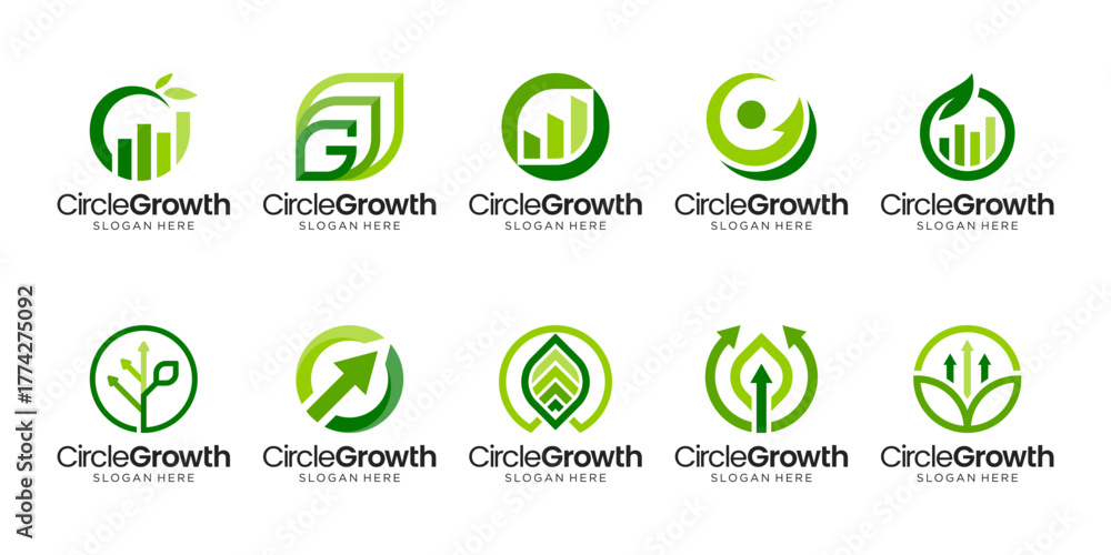 Fototapeta premium Set of abstract green circle with leaf logo design. Arrow shapes representing growth, sustainability, and eco-friendly business.