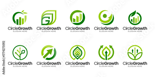 Set of abstract green circle with leaf logo design. Arrow shapes representing growth, sustainability, and eco-friendly business.