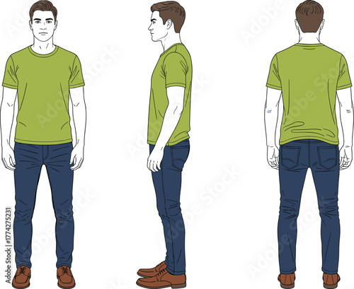 Male character turnaround, front side back view, casual outfit, t-shirt jeans shoes, animation reference, fashion design, modeling sheet, vector illustration