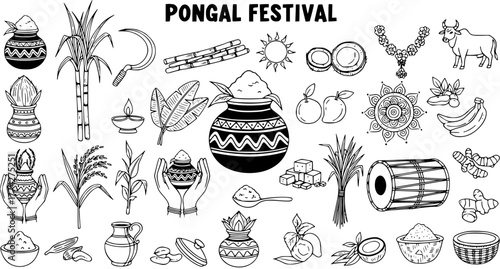 Hand-drawn Pongal Festival elements set. Traditional Indian harvest celebration doodle collection with food, sugarcane, cow, pot, and cultural symbols. Black and white vector illustrations.
