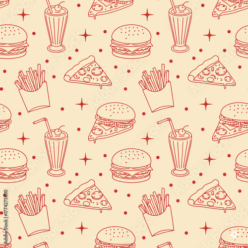 Seamless pattern of vintage fast food icons in red line art on a cream background. Retro 1950s diner style with burgers, milkshakes, fries, and pizza slices outlined in thin red lines