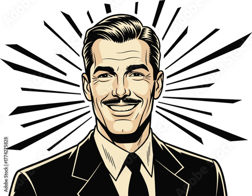 Retro confident man, vintage style, cartoon portrait, suit and tie, mustache, radiating lines, classic character, bold smile, editorial concept