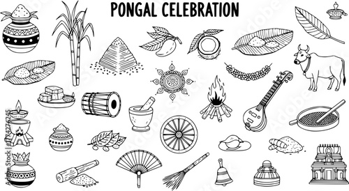 Hand-drawn doodle set of traditional symbols and elements for Pongal celebration. Vector illustration with cultural objects, food, deities, and festive items from India.