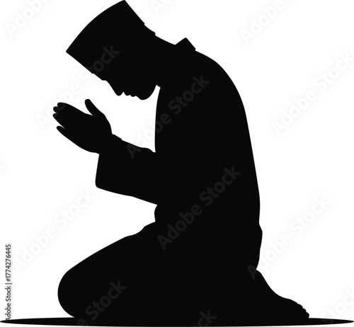 Muslim Man Praying Silhouette Vector - Kneeling Prayer and Worship Icon