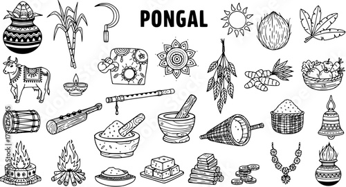Pongal Festival Elements Doodle Set - Traditional Indian Harvest Celebration Symbols in Black and White Line Art