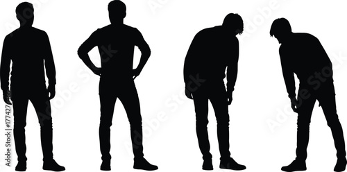 Male silhouettes standing in different body postures, casual men posing, fashion figure illustration, body language concept, black vector design isolated on white background