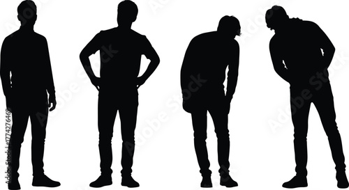 Male silhouette poses, standing man in different positions, casual fashion posture, body language concept, black vector illustration isolated on white background
