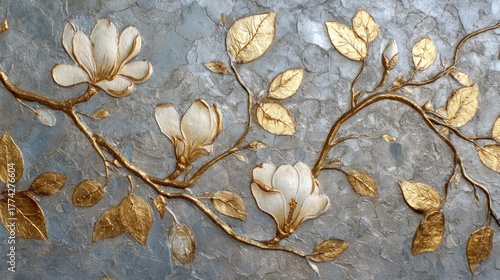 A detailed, textured wall mural featuring a floral design with gold accents, set against a gray and white background.