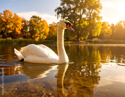 Fototapeta Naklejka Na Ścianę i Meble -  Elegant swan on a calm lake in golden autumn