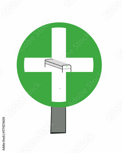 Vászonkép green road signa white cross in a green circle with a mattress in the middle